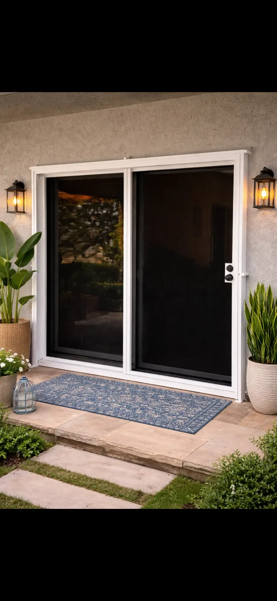 White-frame Olson Iron patio slider security screen with exterior sconces and welcome mat, Las Vegas (306D)