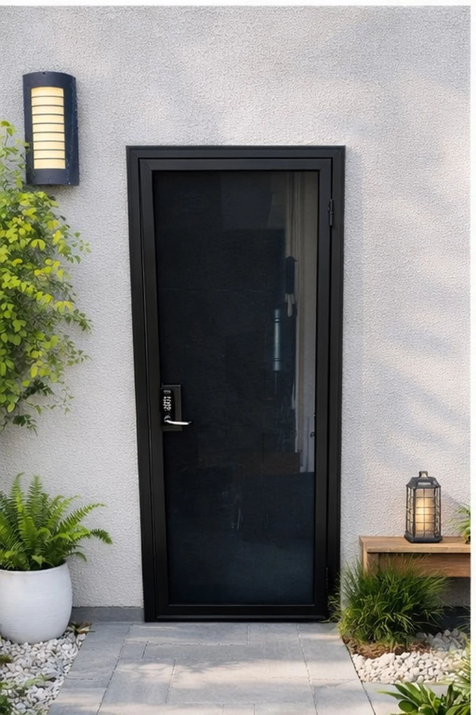 Olson Iron 107D — modern black single security door with security screen mesh and mechanical keypad lock — Las Vegas