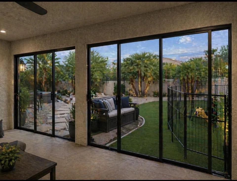 Olson Iron security screen patio enclosure — interior view onto Las Vegas backyard (900E)