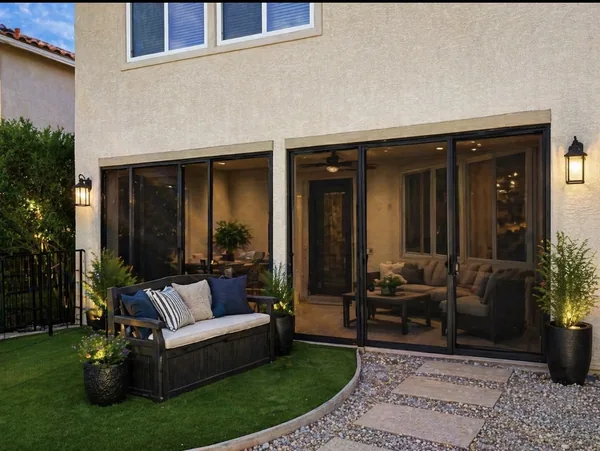 Olson Iron security screen patio enclosure framing a covered Las Vegas patio (901E)