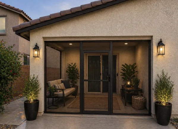 Olson Iron three-panel patio enclosure with center swing door — Las Vegas covered patio (903E)