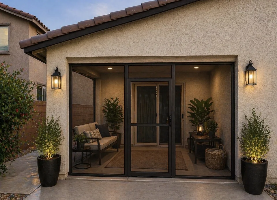 Olson Iron three-panel patio enclosure with center swing door — Las Vegas covered patio (903E)
