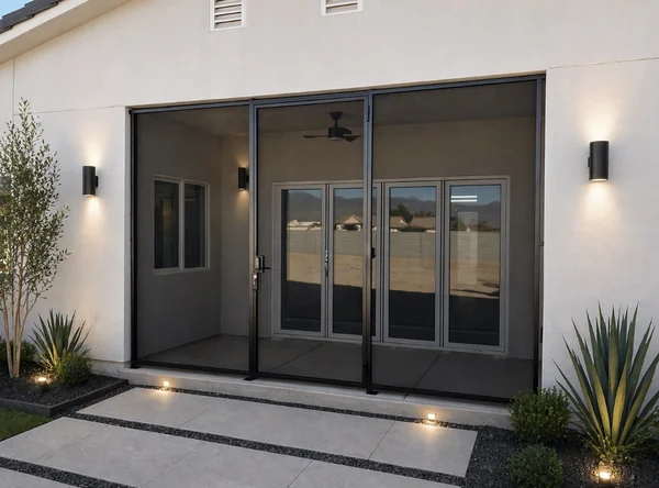Olson Iron modern patio enclosure with french-style center door — white stucco Las Vegas home (904E)