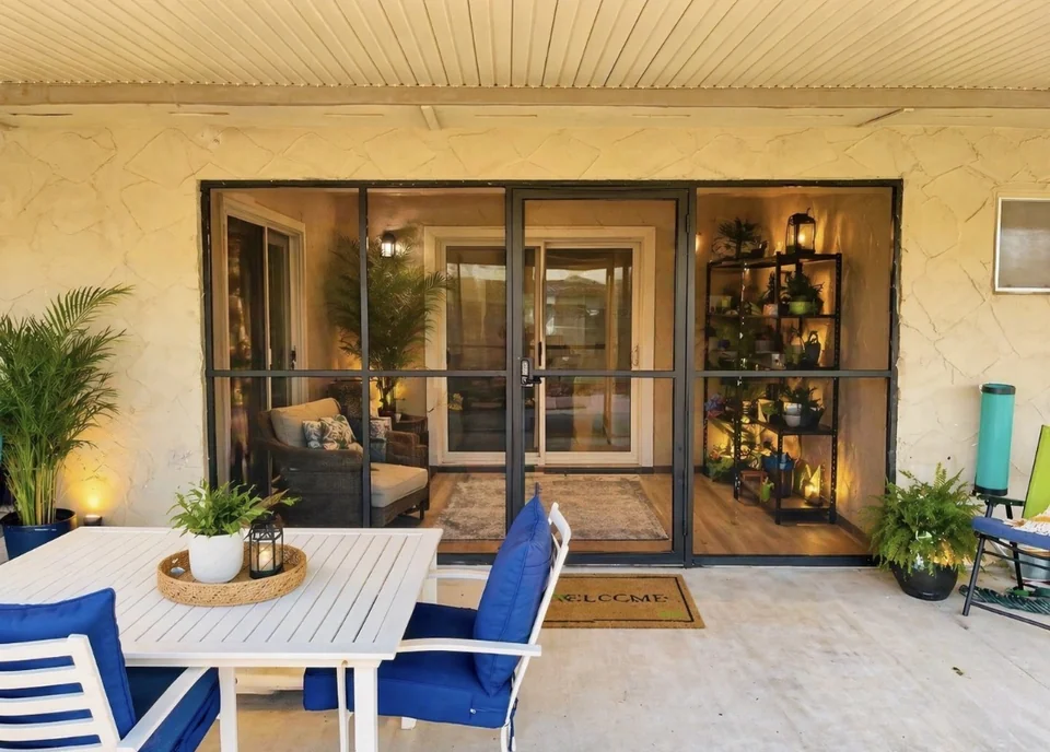 Olson Iron interior view of enclosed patio sun room — golden-hour Las Vegas (906E)