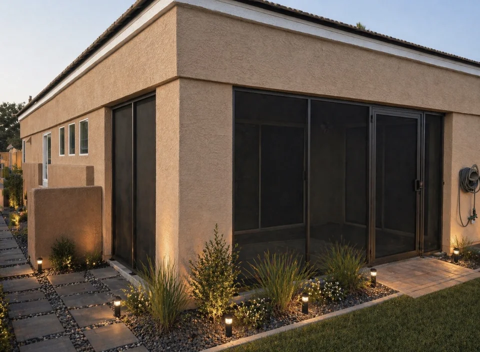 Olson Iron wrap-around patio enclosure corner view — dusk Las Vegas (907E)