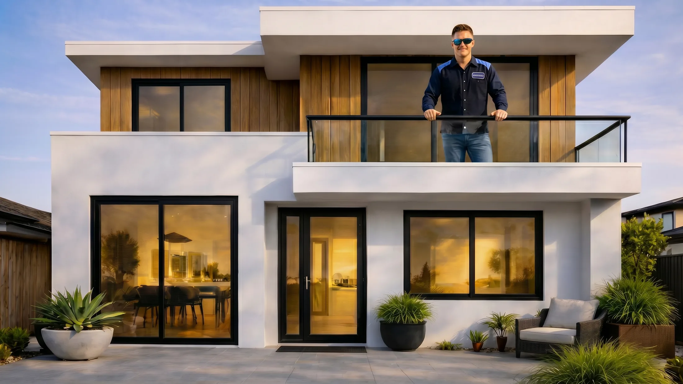 Modern Las Vegas luxury home with Olson Iron installer on the upper balcony — custom security doors, iron gates, and stainless security screens