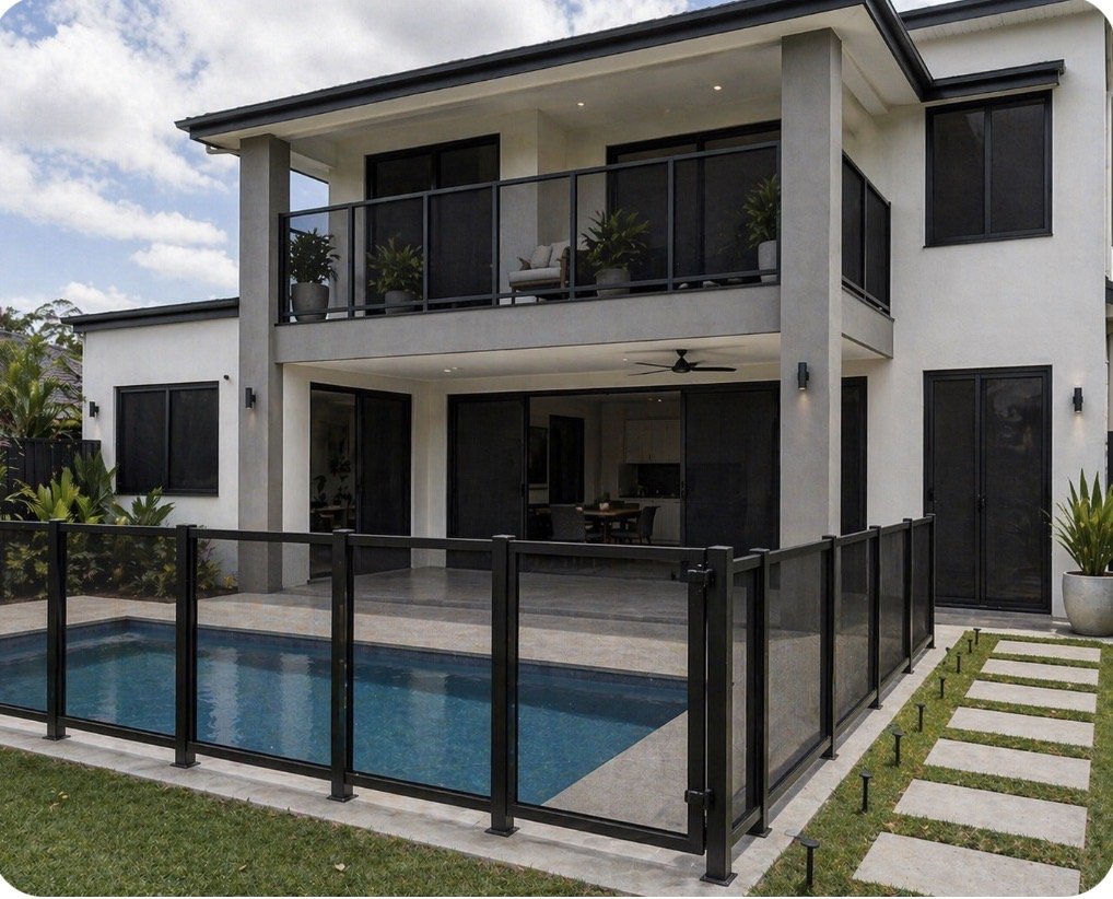 Two-story Las Vegas home with Olson Iron backyard pool fence, security screen sliders, and balcony rails