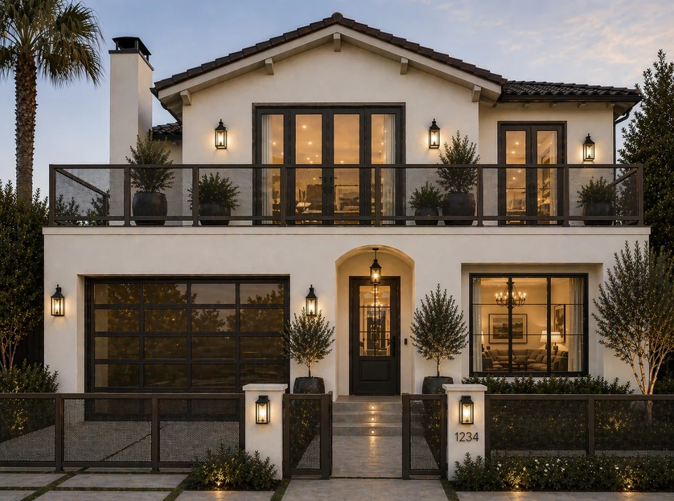 Modern Mediterranean Las Vegas home at twilight with custom Olson Iron mesh-panel courtyard fence, pedestrian gate, and matching second-story balcony railing