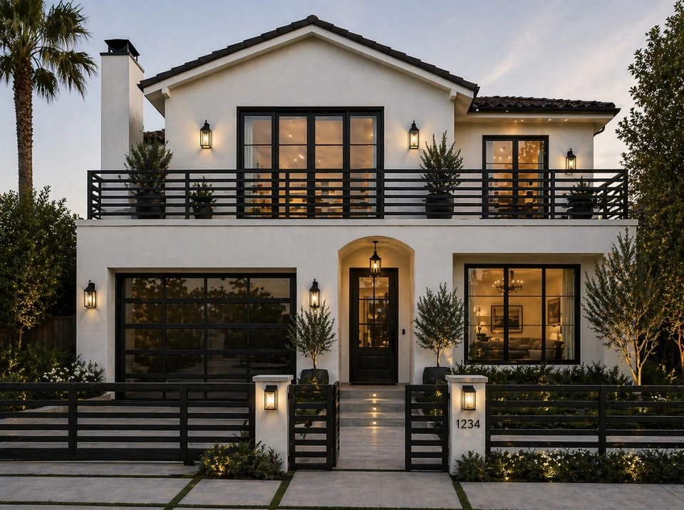 Modern two-story Las Vegas home at twilight with custom Olson Iron horizontal-bar railings on upper and lower decks, matching perimeter fence