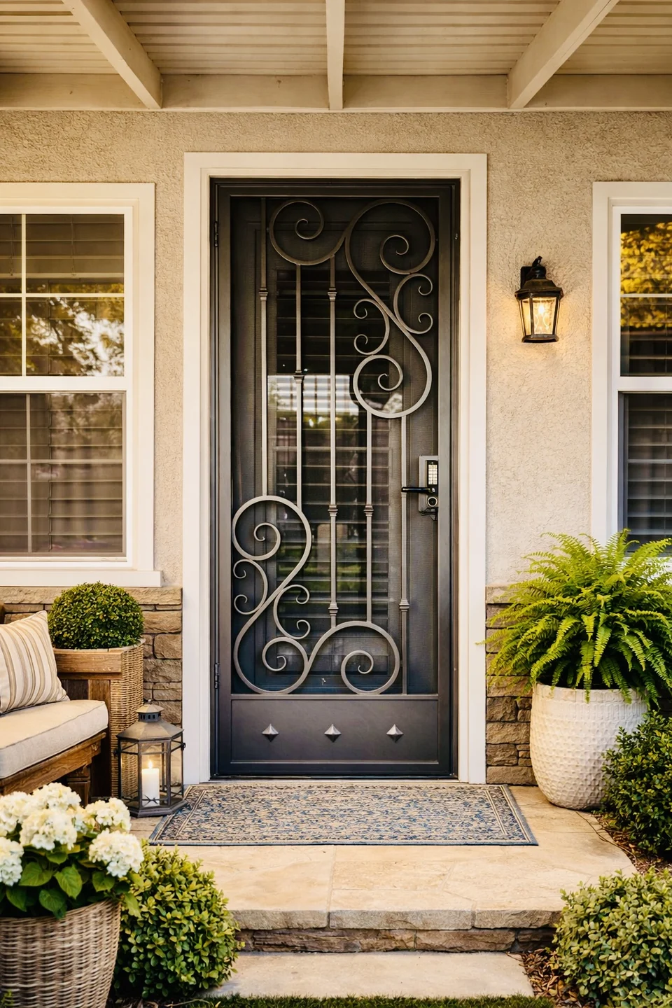 Olson Iron 100D Security Screen Door with scroll design in Las Vegas — welded steel frame, decorative scrollwork, Olson mechanical code lock on a stucco-and-stone porch entry