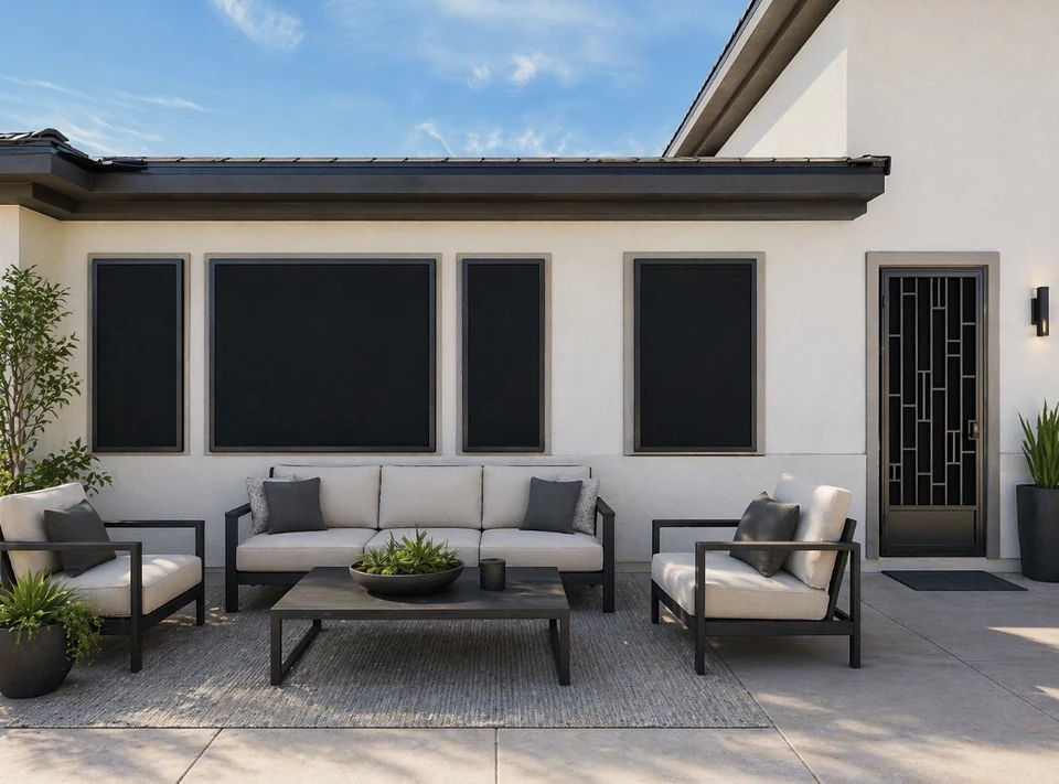 Modern Las Vegas back patio with security screen windows, black powder coated steel frame and a modern security screen door design