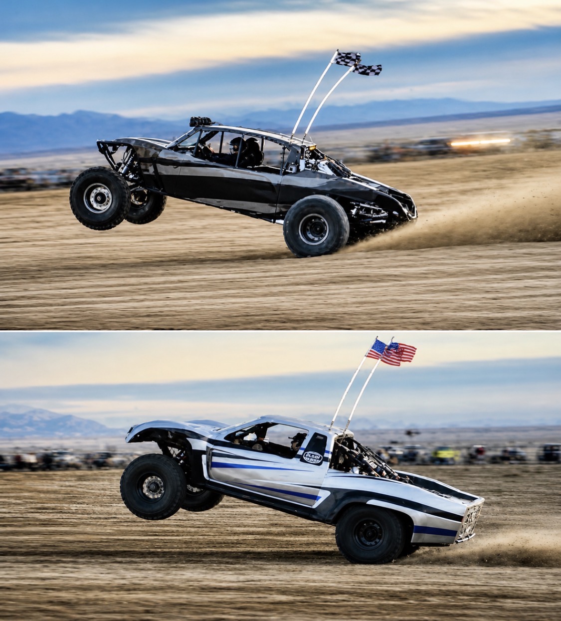 Two dune buggies airborne over sandy terrain