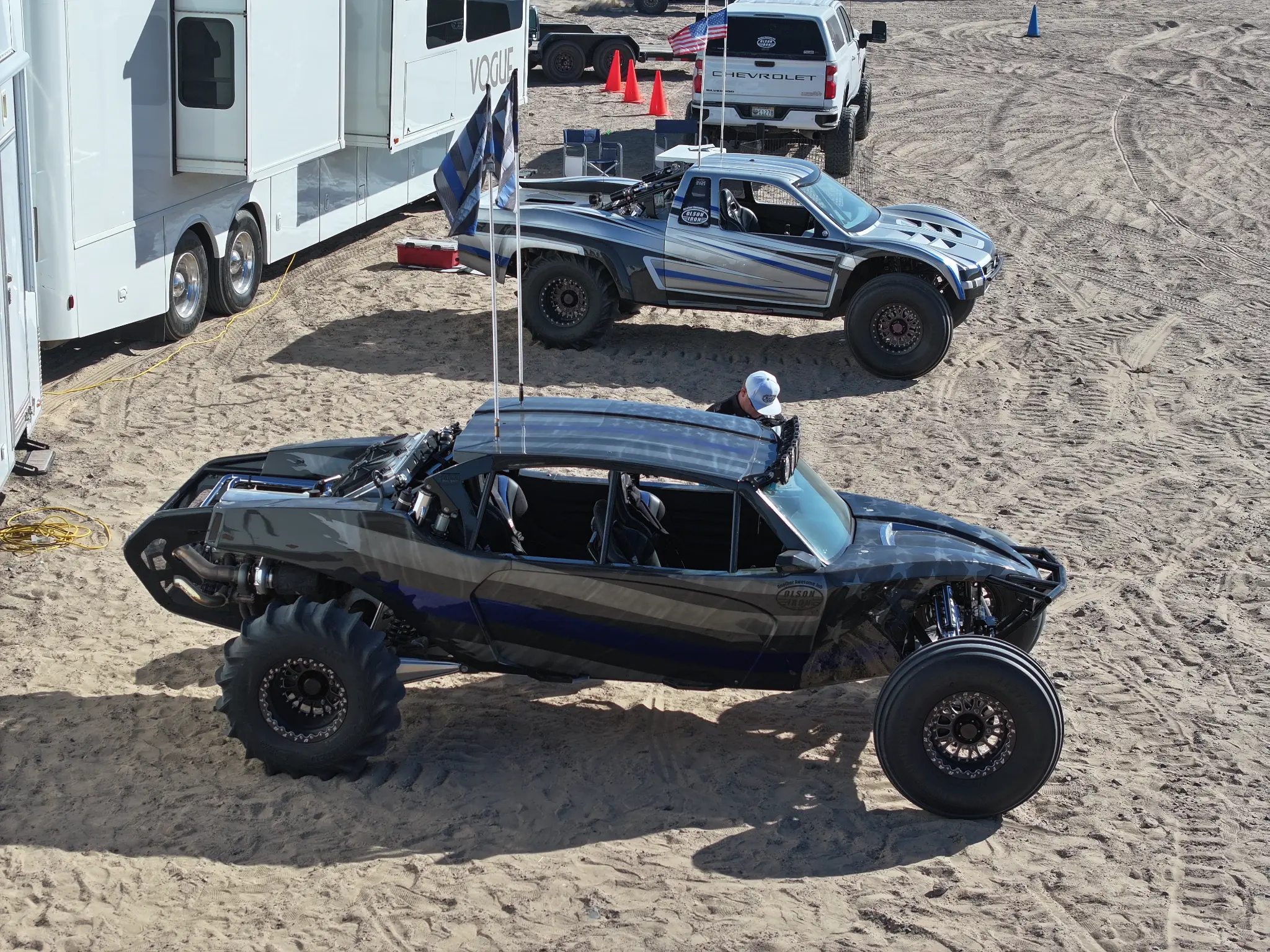 Drone aerial shot of Olson Iron buggies at the dunes