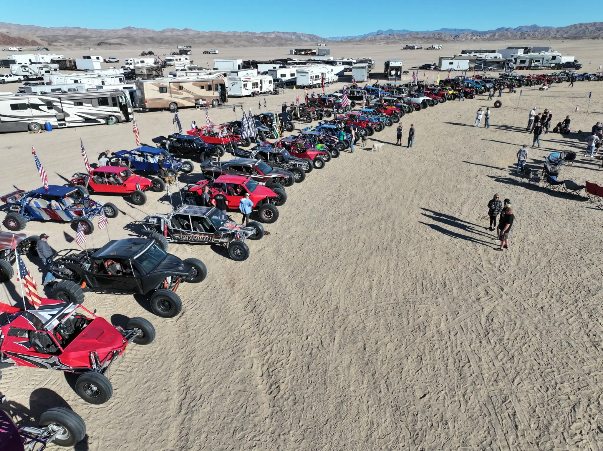Drone aerial view of the full Olson Iron dunes gathering