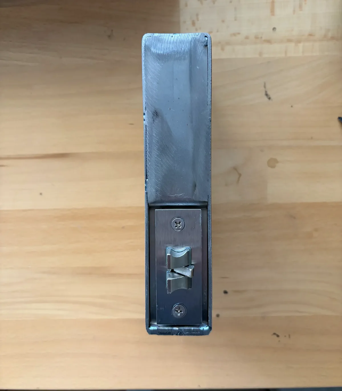 Olson Iron Weldable Gate Box - strike-plate side, raw steel, ready to weld onto any iron gate frame